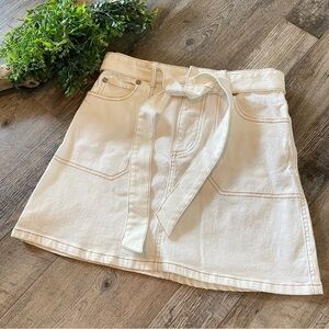 JOA Cream Denim Midi Skirt with Brown Contrasting Stitching, Pockets & Tie Belt